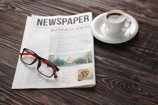 Newspaper Glasses Cup Coffee Wooden Table — Stock Photo, Image