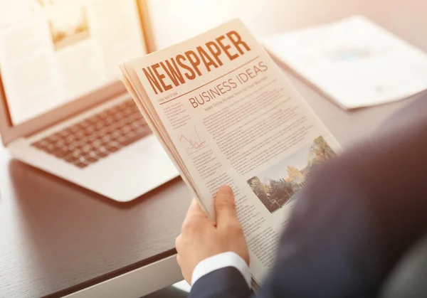 Handsome Businessman Reading Financial Newspaper Office — Stock Photo, Image