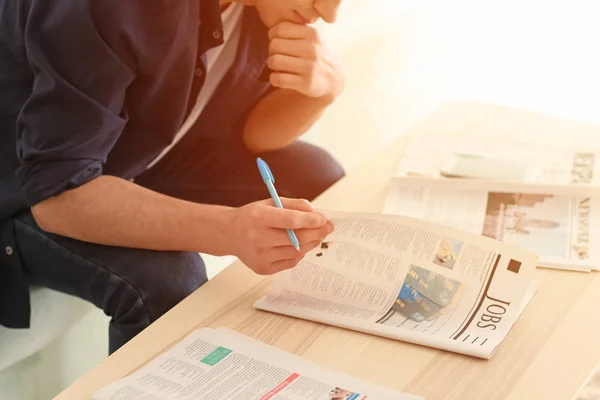 Young Man Searching Classifieds Newspaper Home — Stock Photo, Image