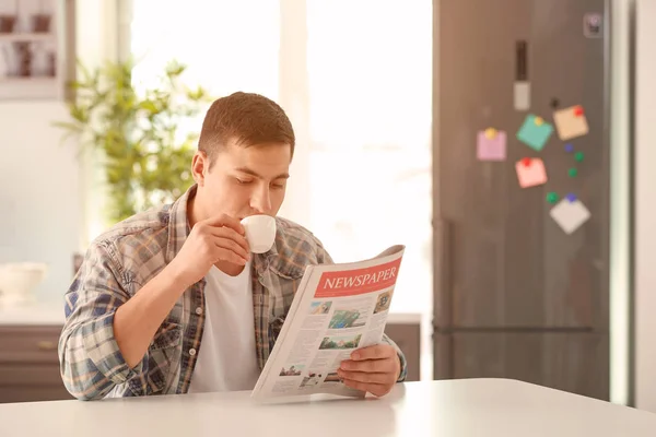 Man Reading Morning Newspaper Breakfast Home — Stock Photo, Image