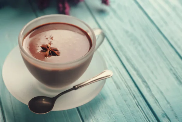 Glass Cup Tasty Hot Chocolate Wooden Table — Stock Photo, Image