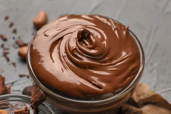 Glass Bowl Molten Chocolate Table Closeup — Stock Photo, Image