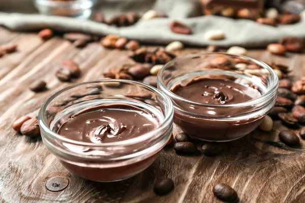 Bowls Molten Chocolate Wooden Table — Stock Photo, Image