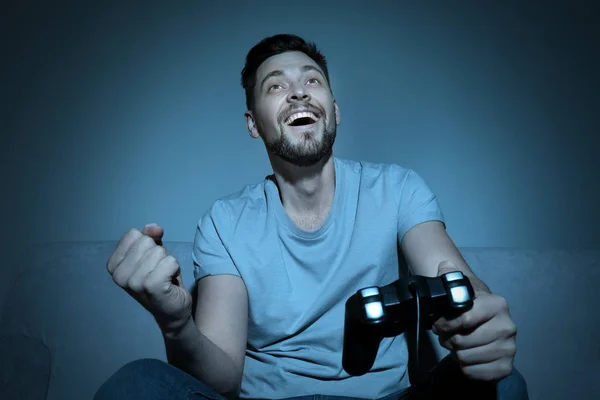 Emotional Man Playing Video Game Evening — Stock Photo, Image