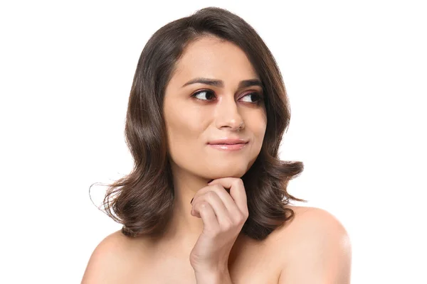 Retrato Mujer Joven Con Hermoso Maquillaje Sobre Fondo Blanco Cosmética — Foto de Stock