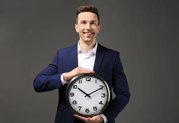 Successful Businessman Clock Dark Background Time Management Concept — Stock Photo, Image