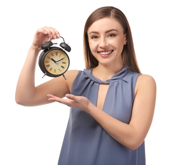 Young Woman Alarm Clock White Background Time Management Concept — Stock Photo, Image