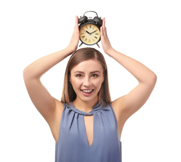 Young Woman Alarm Clock White Background Time Management Concept — Stock Photo, Image