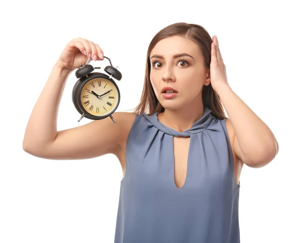 Troubled Woman Alarm Clock White Background Time Management Concept — Stock Photo, Image