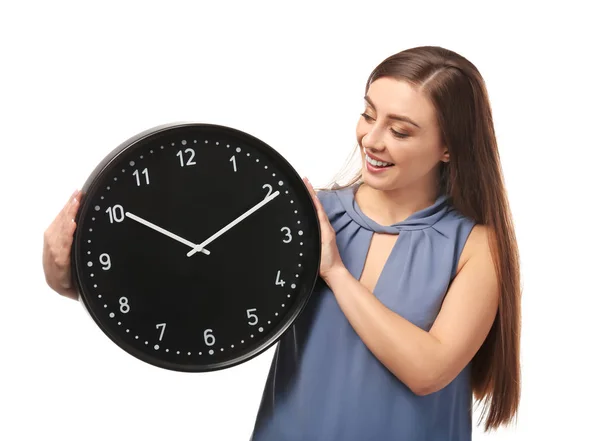 Jovem Com Relógio Sobre Fundo Branco Conceito Gestão Tempo — Fotografia de Stock
