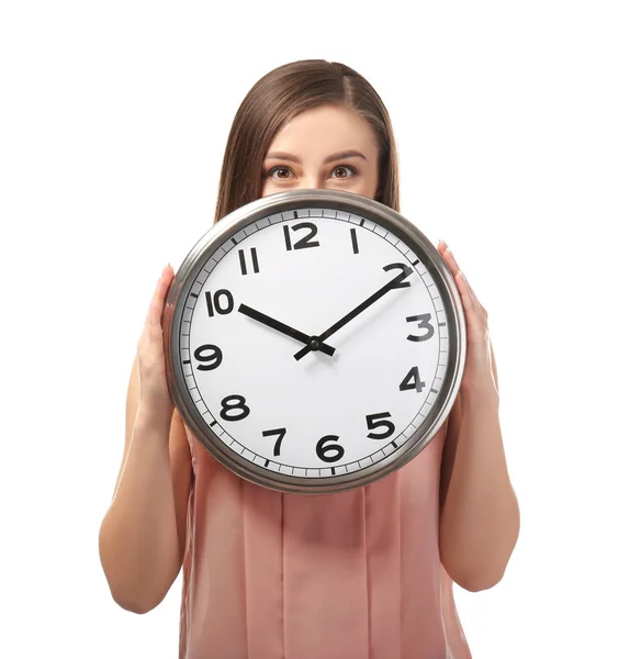 Jonge Vrouw Met Klok Witte Achtergrond Time Management Concept — Stockfoto