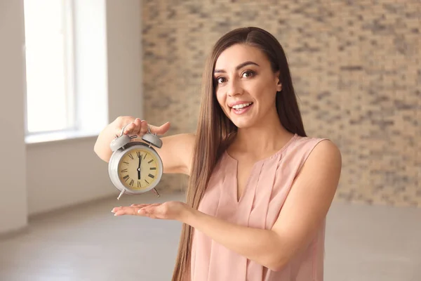 Young Woman Alarm Clock Indoors Time Management Concept — Stock Photo, Image