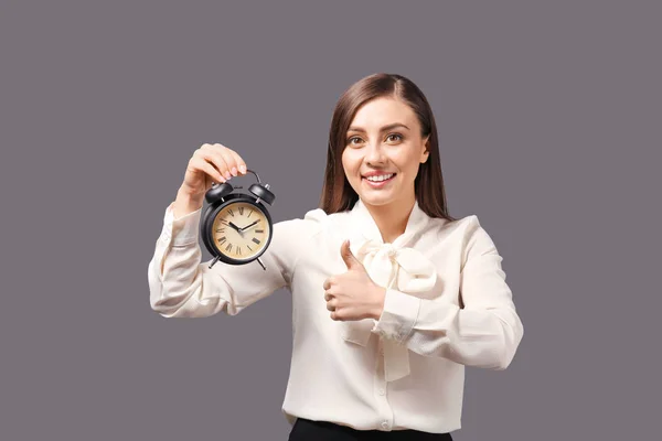 Woman Alarm Clock Grey Background Time Management Concept — Stock Photo, Image