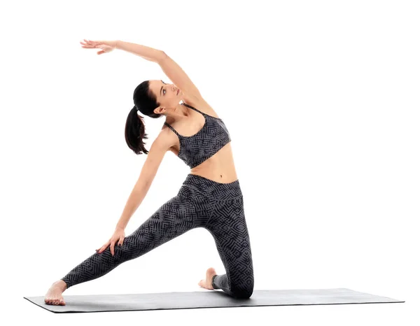 Mujer Joven Practicando Yoga Sobre Fondo Blanco —  Fotos de Stock