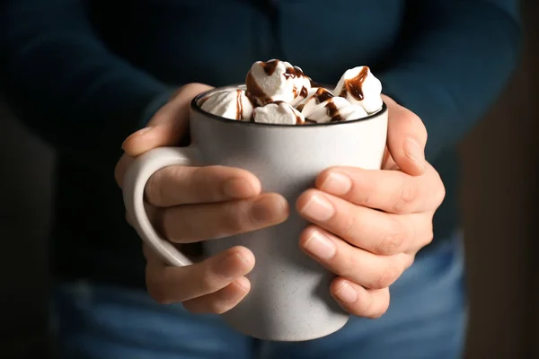 Woman Holding Cup Hot Chocolate Marshmallows Closeup — Stock Photo, Image