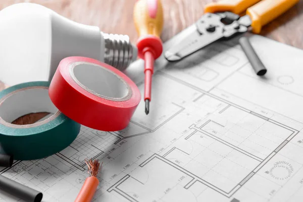 Electrician Supplies House Plan Table Closeup — Stock Photo, Image