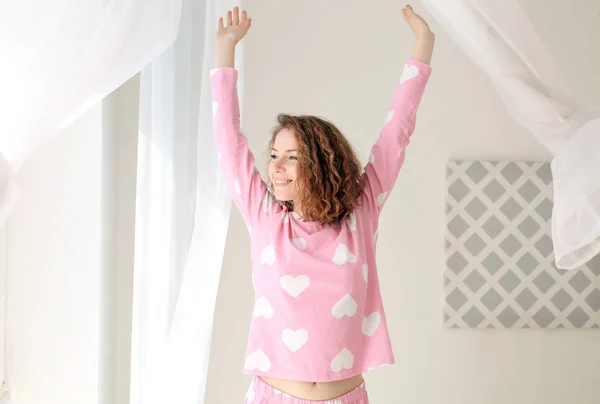 Beautiful Woman Opening Curtains Morning Home — Stock Photo, Image