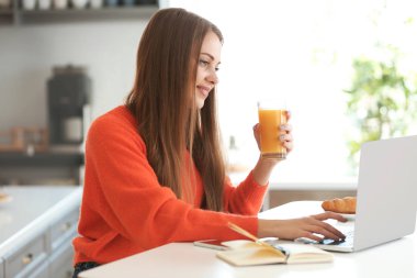 Evde dizüstü bilgisayarda çalışırken suyu içme kadın serbest meslek