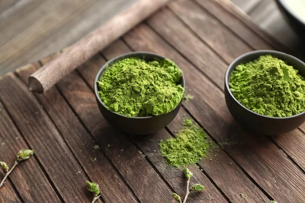 Bowls Powdered Matcha Green Tea Wooden Board — Stock Photo, Image