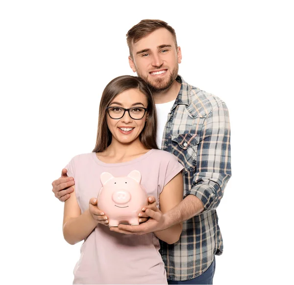 Happy Couple Holding Piggy Bank White Background Money Savings Concept — Stock Photo, Image