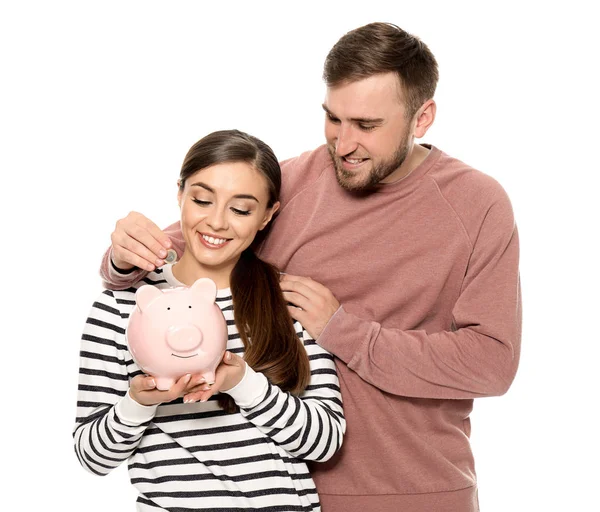 Happy Couple Piggy Bank White Background Money Savings Concept — Stock Photo, Image