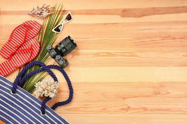 Composition Tourist Stuff Wooden Background Top View — Stock Photo, Image