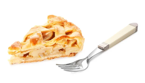 Piece Tasty Homemade Apple Pie Fork White Background — Stock Photo, Image