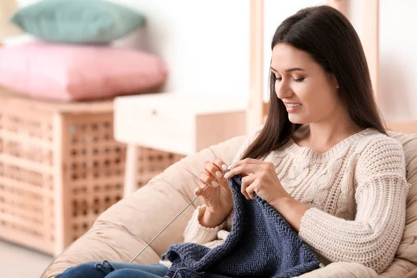 Young Woman Sitting Armchair Knitting Warm Sweater Indoors — Stock Photo, Image