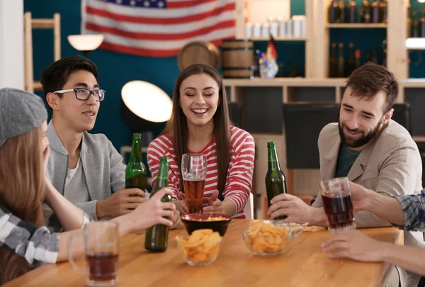 Group Cheerful Friends Drinking Beer Bar — Stock Photo, Image