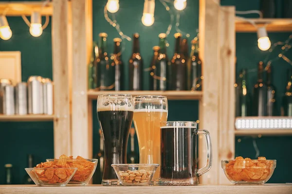 Glasses Different Sorts Beer Snacks Table Bar — Stock Photo, Image