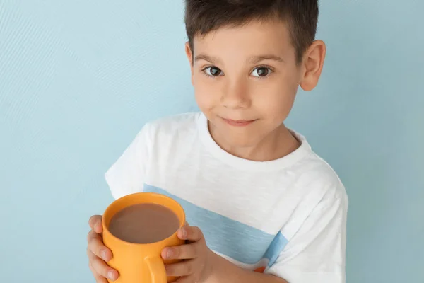 Cute Little Boy Cup Hot Cocoa Drink Light Background — Stock Photo, Image
