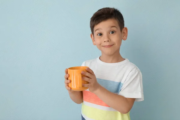 Cute Little Boy Cup Hot Cocoa Drink Light Background — Stock Photo, Image