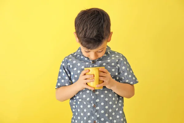 Cute Little Boy Cup Hot Cocoa Drink Color Background — Stock Photo, Image