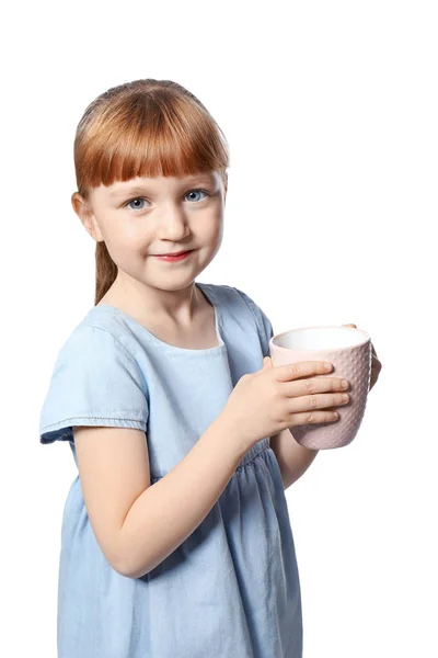 Linda Niña Con Taza Bebida Cacao Caliente Sobre Fondo Blanco — Foto de Stock