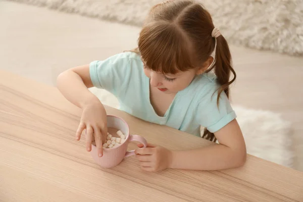 Cute Little Girl Cup Hot Cocoa Drink Home — Stock Photo, Image