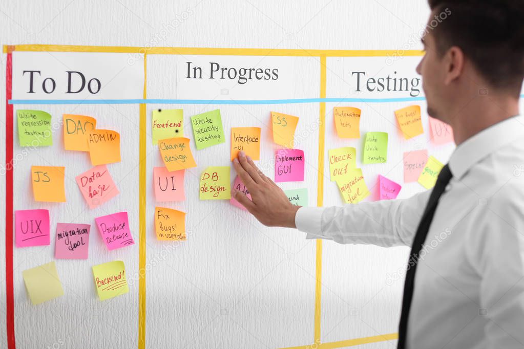 Man near scrum task board with stickers in office
