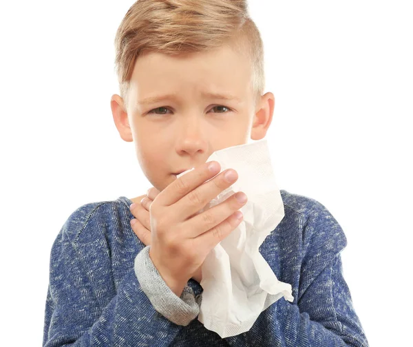 Anak Kecil Dengan Pembersih Hidung Pada Latar Belakang Putih Konsep — Stok Foto