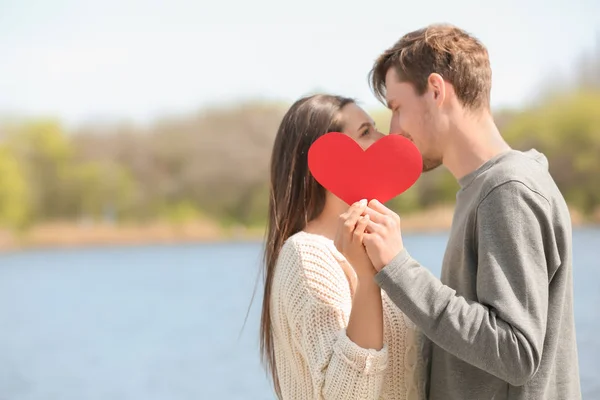 Portrait Lovely Couple Paper Heart Outdoors — Stock Photo, Image