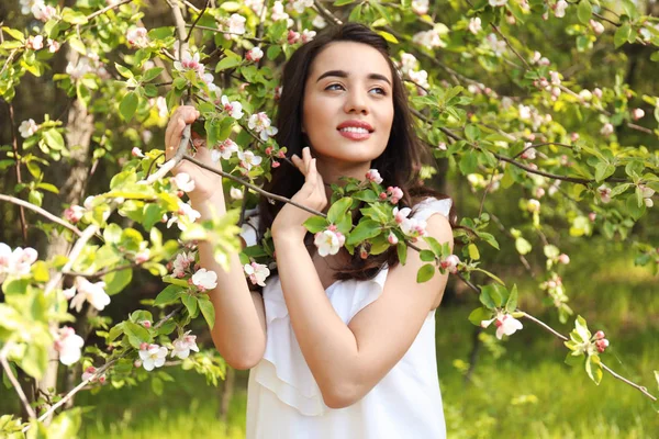 Beautiful Young Woman Blossoming Tree Sunny Spring Day — Stock Photo, Image