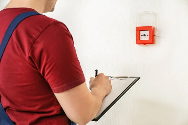 Worker Clipboard Modern Fire Call Point Wall — Stock Photo, Image