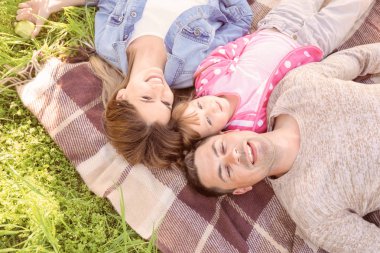 Parkta yeşil çimlerde uzanan mutlu bir aile