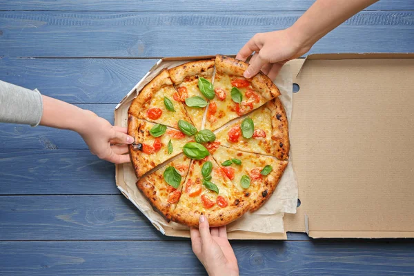 Young People Taking Slices Delicious Pizza Margherita Box — Stock Photo, Image