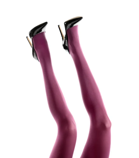 Ноги Красивой Молодой Женщины Колготках Белом Фоне — стоковое фото
