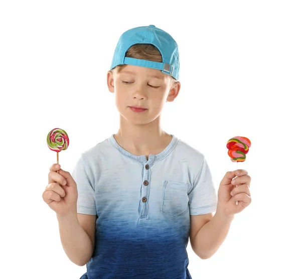 Cute Little Boy Lollipops White Background — Stock Photo, Image