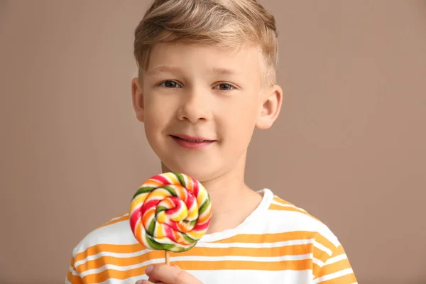 Cute Little Boy Lollipop Color Background — Stock Photo, Image