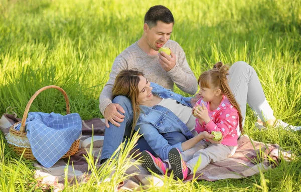 Famiglia Felice Mangiare Mele Picnic Nel Parco — Foto Stock