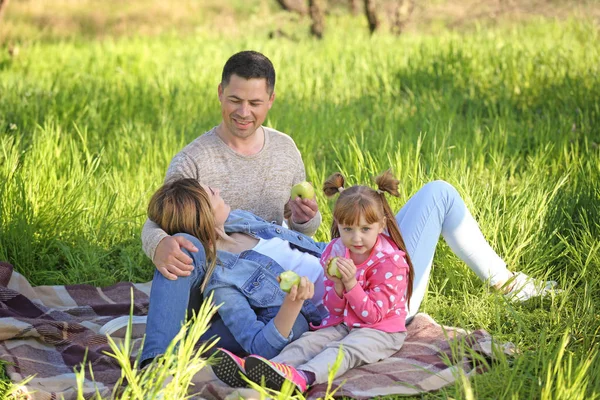 Familia Feliz Comiendo Manzanas Parque —  Fotos de Stock