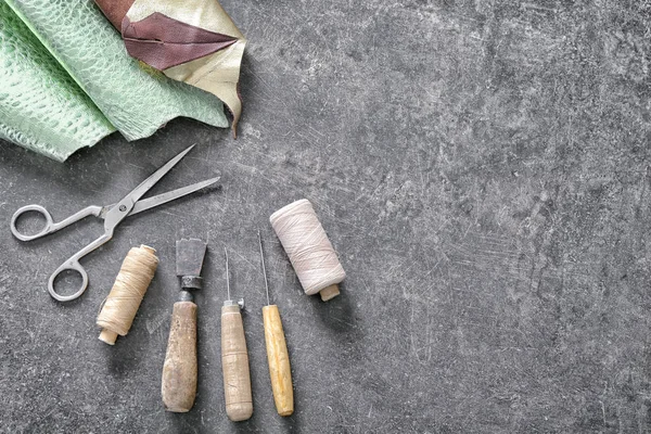 Craft Tools Leather Threads Grey Background — Stock Photo, Image