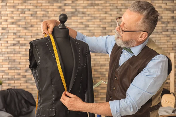 Mature Tailor Taking Measurements Jacket Mannequin Atelier — Stock Photo, Image