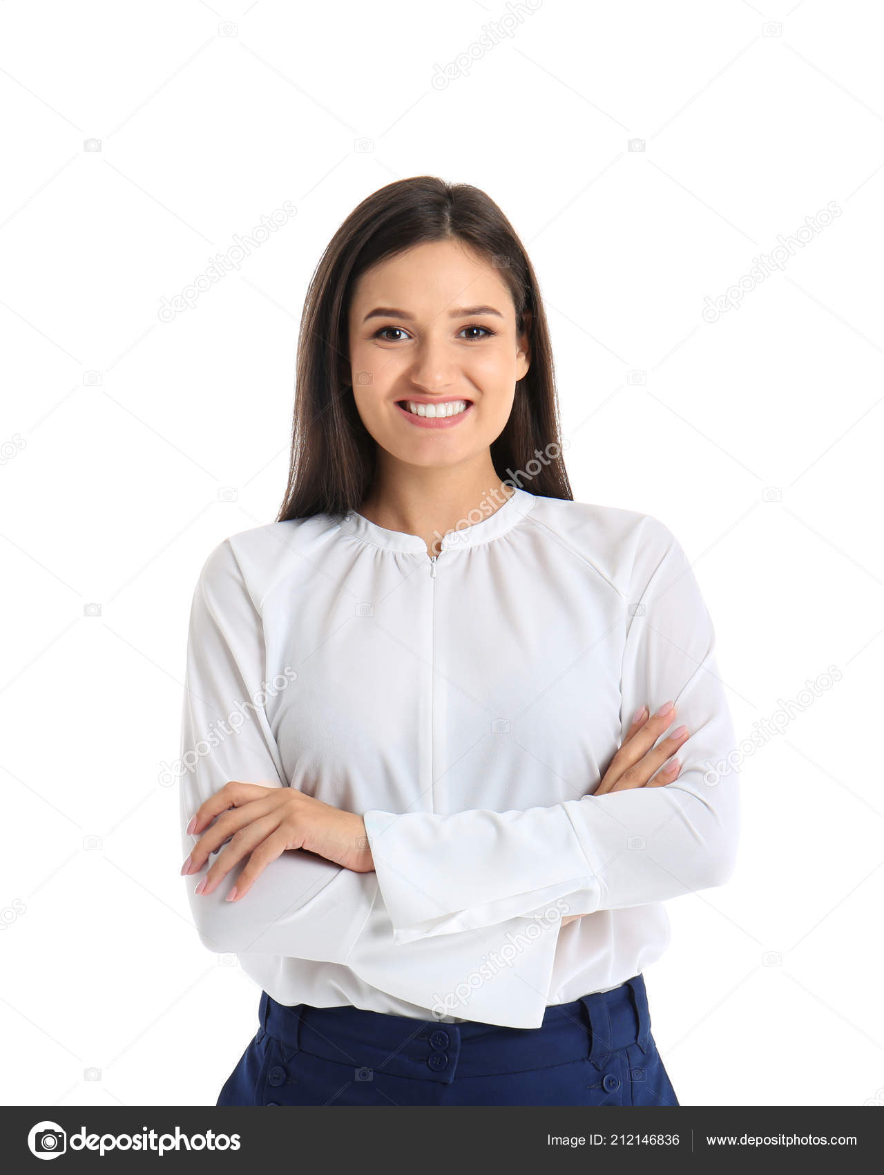 Young adult woman in formal clothes is indoors against grey background  15408490 Stock Photo at Vecteezy